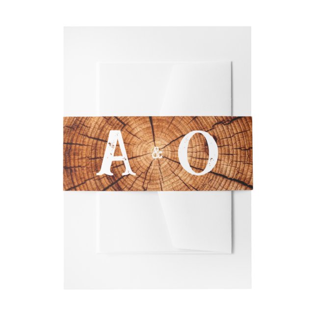 Rustic Wedding Vintage Wood Tree Slice Monogram Invitation Belly Band (Front Example)