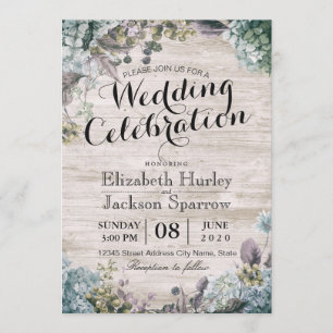 Rustic Wedding Watercolor Botanical Floral & Wood Invitation