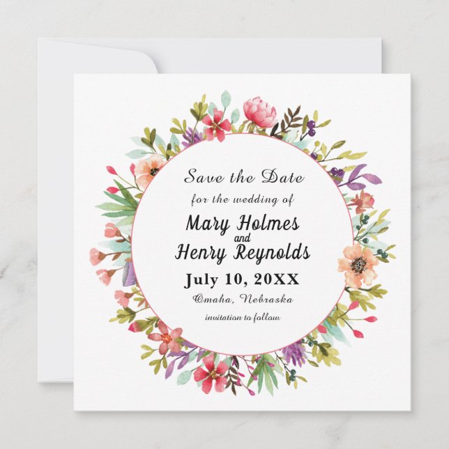 Rustic Wedding Watercolor Wildflowers Save The Date (Front)