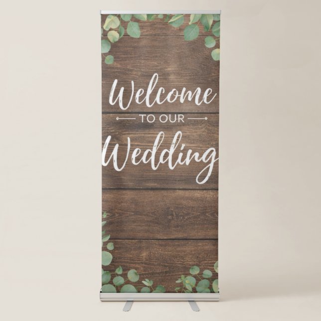 Rustic Wedding Welcome Banner Stand – Wood Greener (Front)
