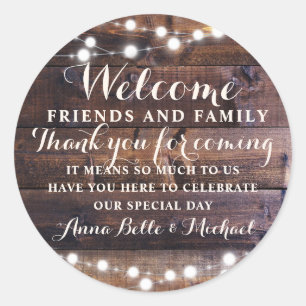 Rustic Wedding Welcome Favour Barn String lights Classic Round Sticker