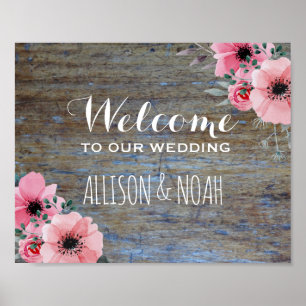 Rustic Wedding Welcome Sign Floral Woodgrain