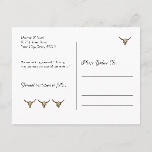 Rustic Wedding Western Bull Skull Save The Date Postcard (Back)