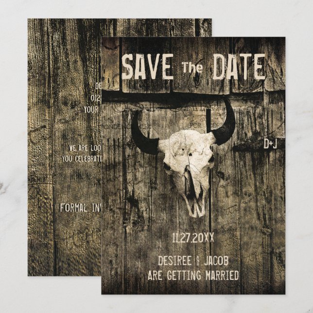 Rustic Wedding Western Cow Skull Save The Date (Front/Back)