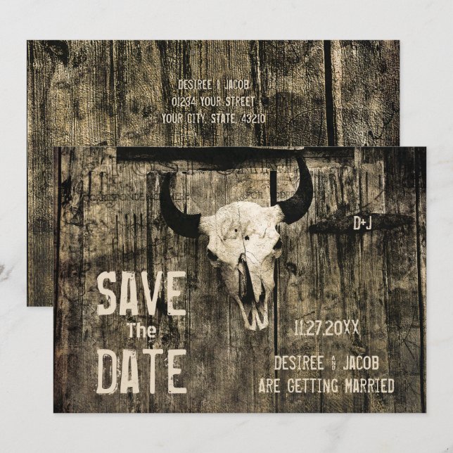 Rustic Wedding Western Cow Skull Save The Date (Front/Back)