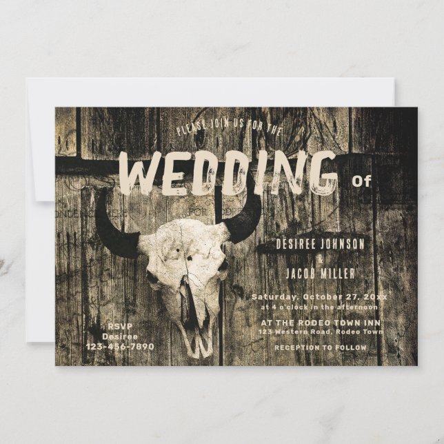 Rustic Wedding Western Vintage Sepia Bull Skull Invitation (Front)