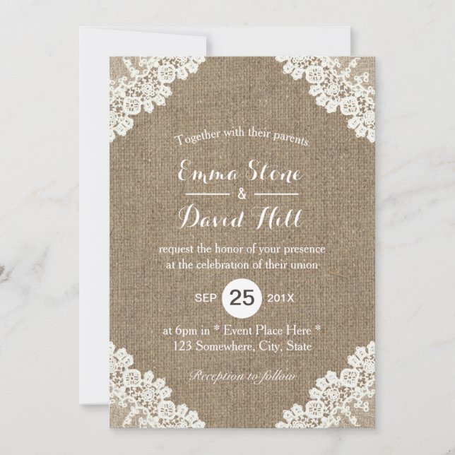 Rustic Wedding White Lace & Burlap Vintage Invitation (Front)
