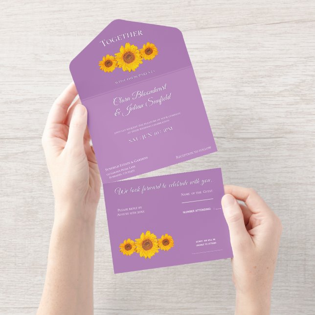 rustic wedding with sunflowers -  purple  all in one invitation (Tearaway)