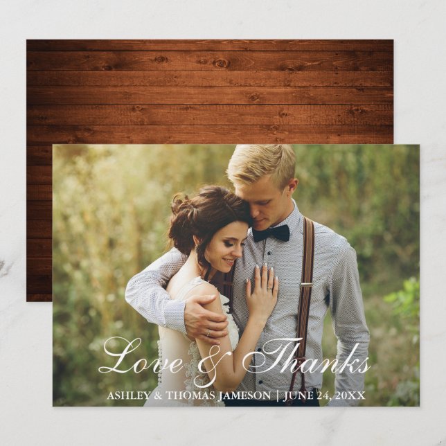 Rustic Wedding Wood Back Photo Love and Thanks Thank You Card (Front/Back)