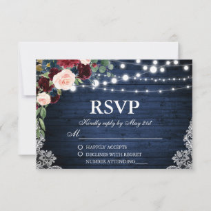 Rustic Wedding Wood Blue Burgundy Floral RSVP Card