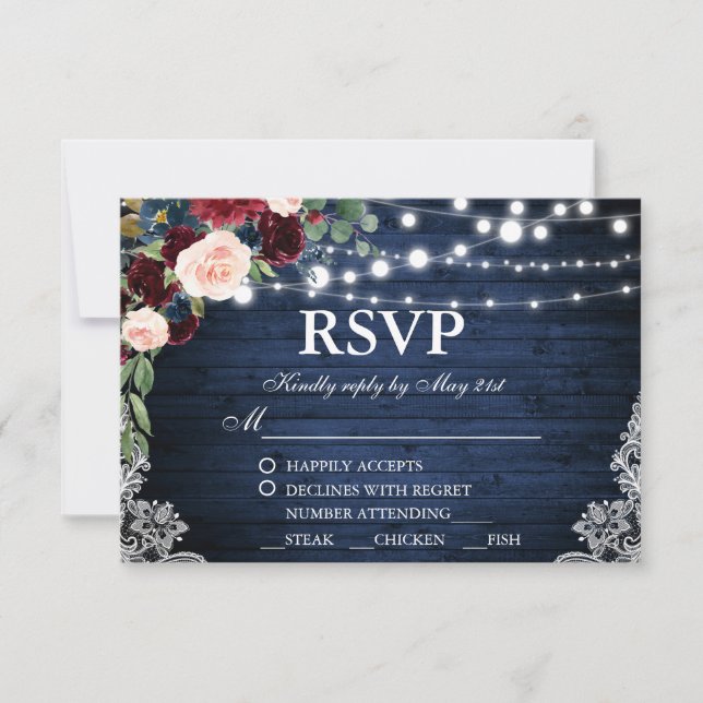 Rustic Wedding Wood Blue Burgundy Floral RSVP Meal (Front)