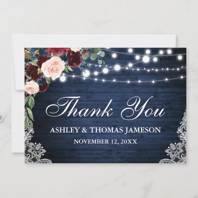 Rustic Wedding Wood Blue Burgundy Floral Thank You Card (Front)