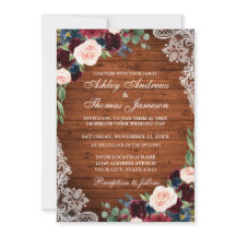 Rustic Wedding Wood Burgundy Blue Floral Invite