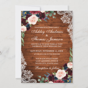 Rustic Wedding Wood Burgundy Blue Floral Invite