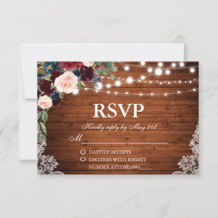 Rustic Wedding Wood Burgundy Blue Floral RSVP Card