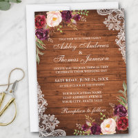Rustic Wedding Wood Burgundy Floral Lace Invite