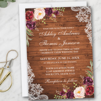 Rustic Wedding Wood Burgundy Floral Lace Invite