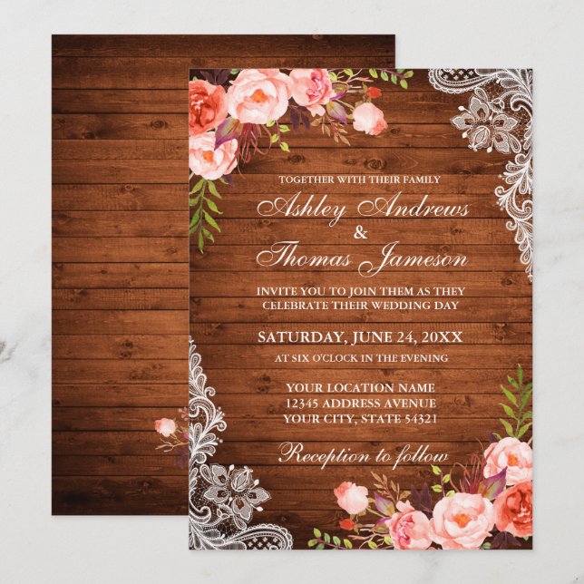 Rustic Wedding Wood Coral Floral Lace Invite (Front/Back)