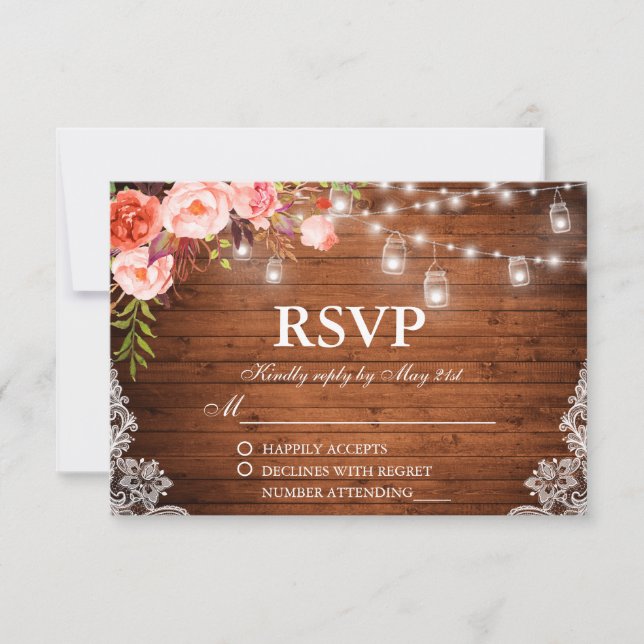 Rustic Wedding Wood Coral Floral Lights Jars RSVP Card (Front)