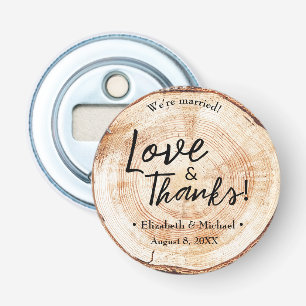 Rustic Wedding wood Cut Disc Love and Thanks Bottle Opener