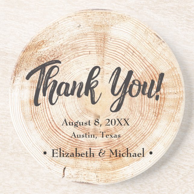 Rustic Wedding Wood Cut Thank You Coaster (Front)