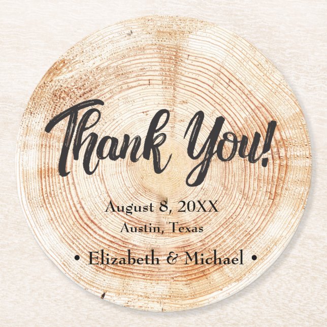 Rustic Wedding Wood Cut Thank You Round Paper Coaster (Front)