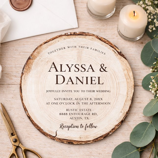 Rustic Wedding Wood Cut Unique Custom Invitation (Rustic Wedding, unique round woodland tree bark invitation.)