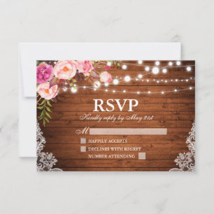 Rustic Wedding Wood Floral Lights Lace RSVP Card