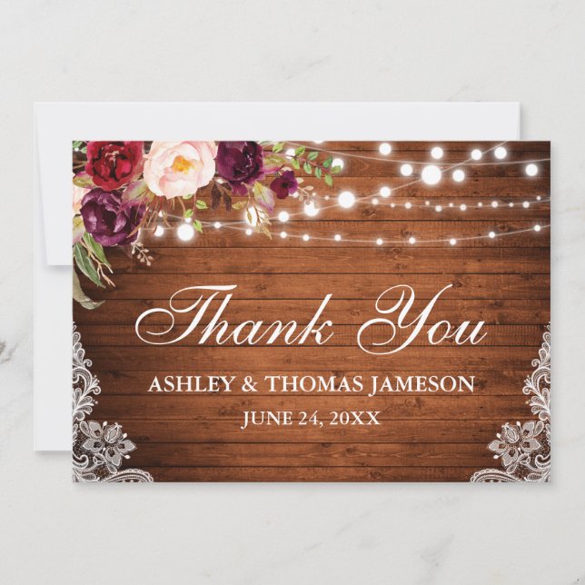 Rustic Wedding Wood Floral Lights Lace Thanks Thank You Card (Front)