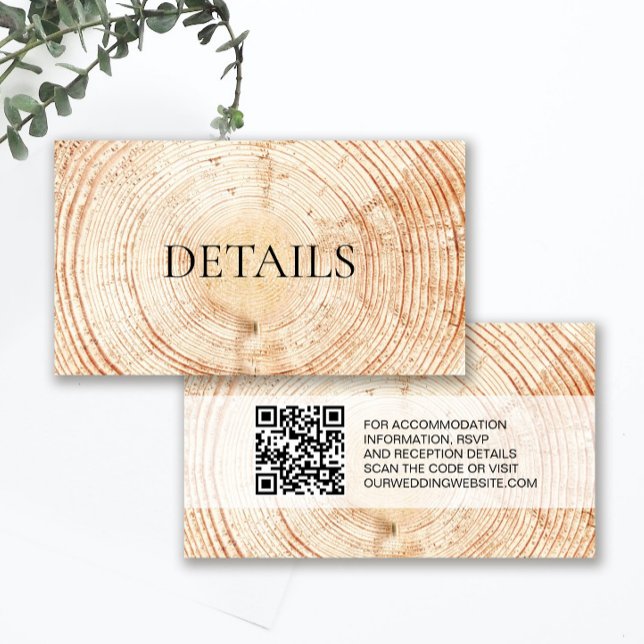 Rustic Wedding Wood Grain Details QR code Template (Details enclosure card, rustic wood cut slice design with QR code wedding website.)