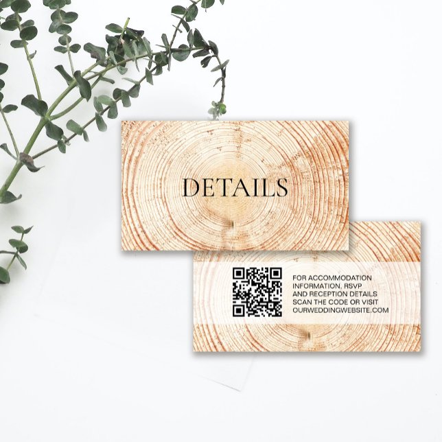 Rustic Wedding Wood Grain Details QR code Template (Details enclosure card, rustic wood cut slice design with QR code wedding website.)