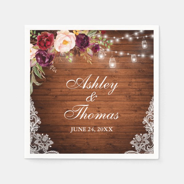 Rustic Wedding Wood Jar Lights Floral Lace Napkin (Front)