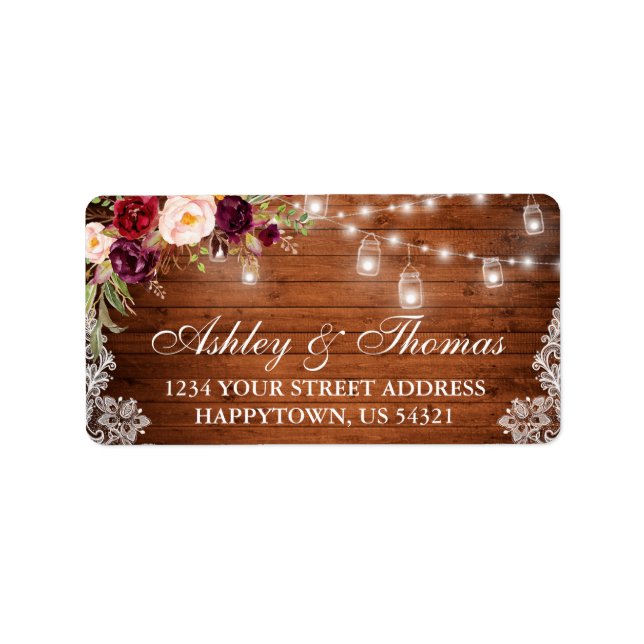 Rustic Wedding Wood Jar Lights Lace Floral Address Label (Front)