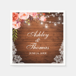 Rustic Wedding Wood Jar Lights Pink Coral Lace Napkin