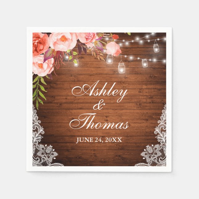 Rustic Wedding Wood Jar Lights Pink Coral Lace Napkin (Front)