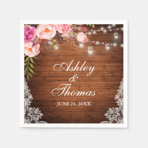 Rustic Wedding Wood Jar Lights Pink Floral Lace Napkin