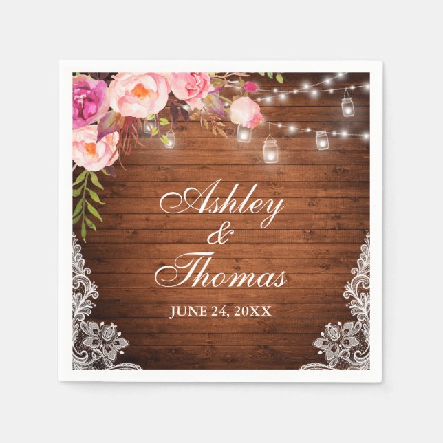 Rustic Wedding Wood Jar Lights Pink Floral Lace Napkin (Front)