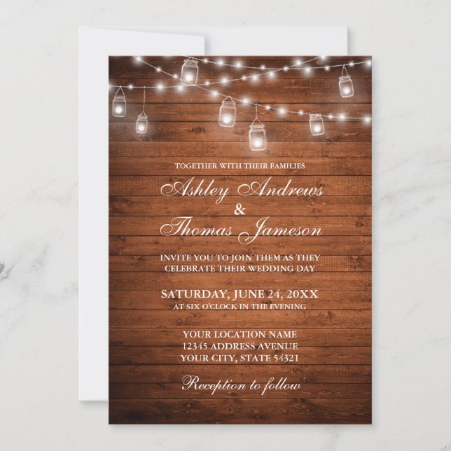 Rustic Wedding Wood Jar String Lights Invitation (Front)