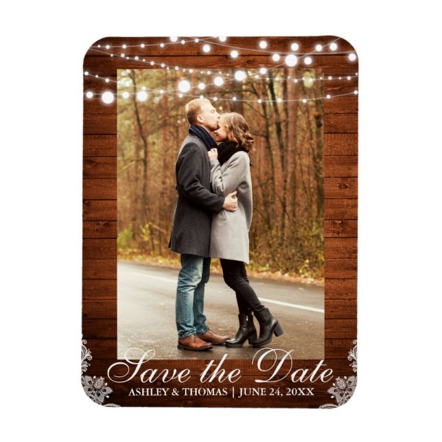 Rustic Wedding Wood Lace Lights Save the Date Magnet (Vertical)