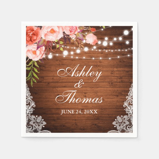 Rustic Wedding Wood Lights Coral Floral Lace Napkin (Front)