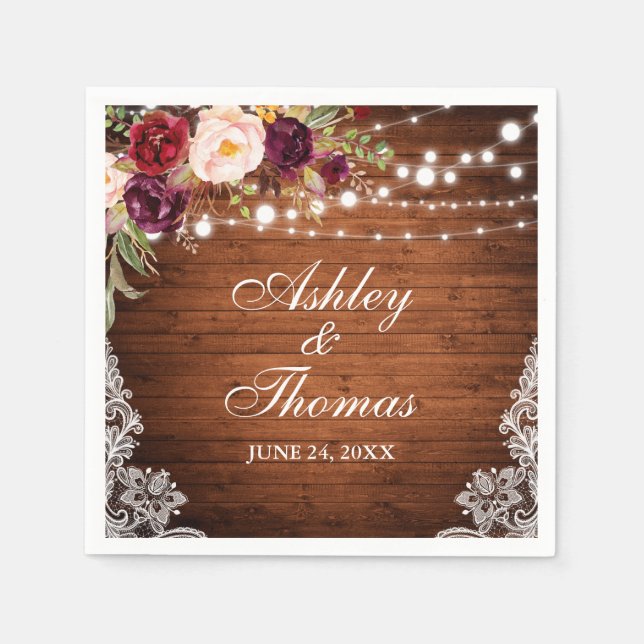 Rustic Wedding Wood Lights Floral Lace Napkin (Front)