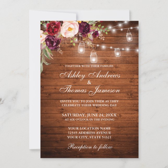 Rustic Wedding Wood Lights Jars Floral Invitation (Front)