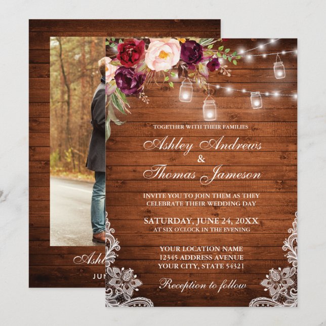 Rustic Wedding Wood Lights Jars Lace Floral Photo Invitation (Front/Back)