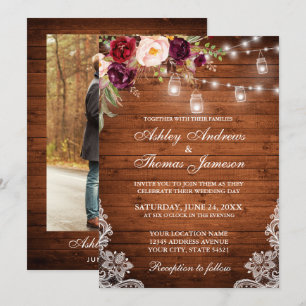 Rustic Wedding Wood Lights Jars Lace Floral Photo Invitation
