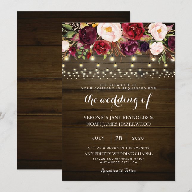 Rustic Wedding Wood Lights Lace Burgundy Floral In Invitation (Front/Back)