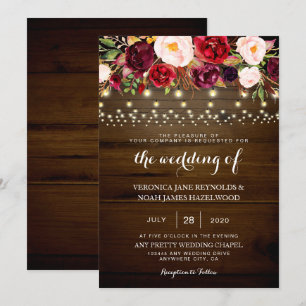 Rustic Wedding Wood Lights Lace Burgundy Floral In Invitation