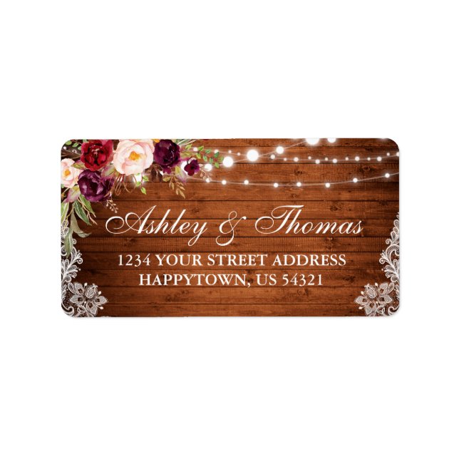Rustic Wedding Wood Lights Lace Floral Address Label (Front)