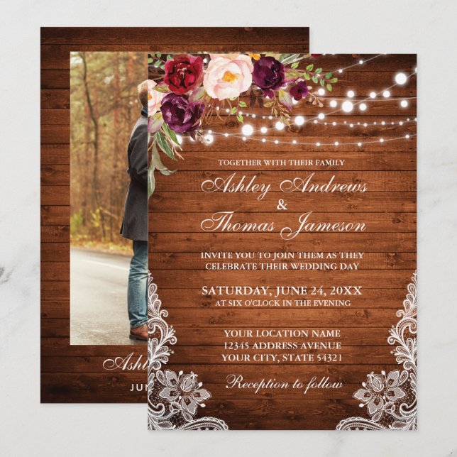 Rustic Wedding Wood Lights Lace Floral Photo Invitation (Front/Back)
