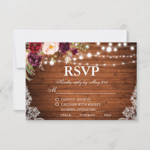 Rustic Wedding Wood Lights Lace Floral RSVP w/Meal