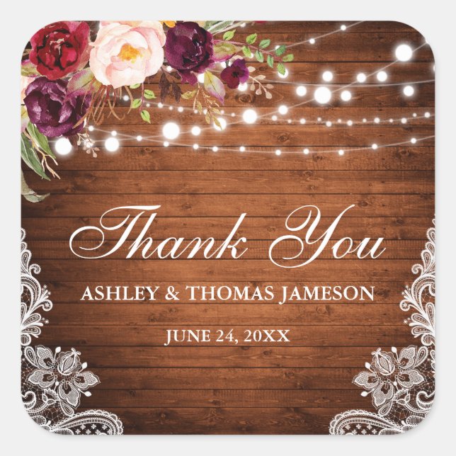 Rustic Wedding Wood Lights Lace Floral Thank You B Square Sticker (Front)